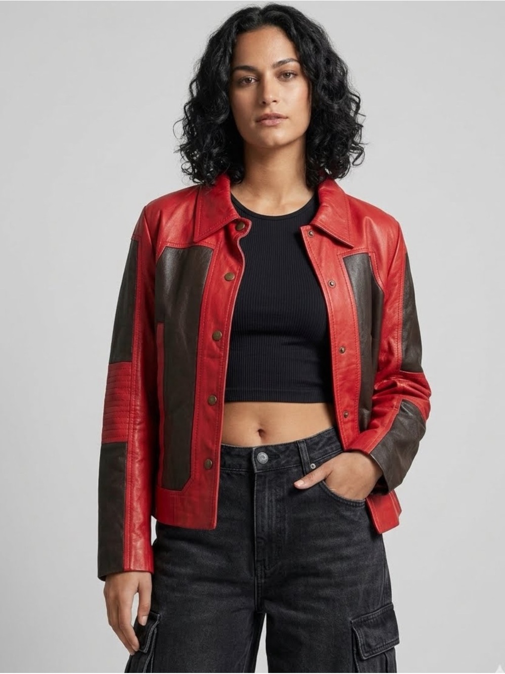 Vintage Metrostyle 90s Leather Moto Jacket Red Black Colorblock Biker Racer 10 M